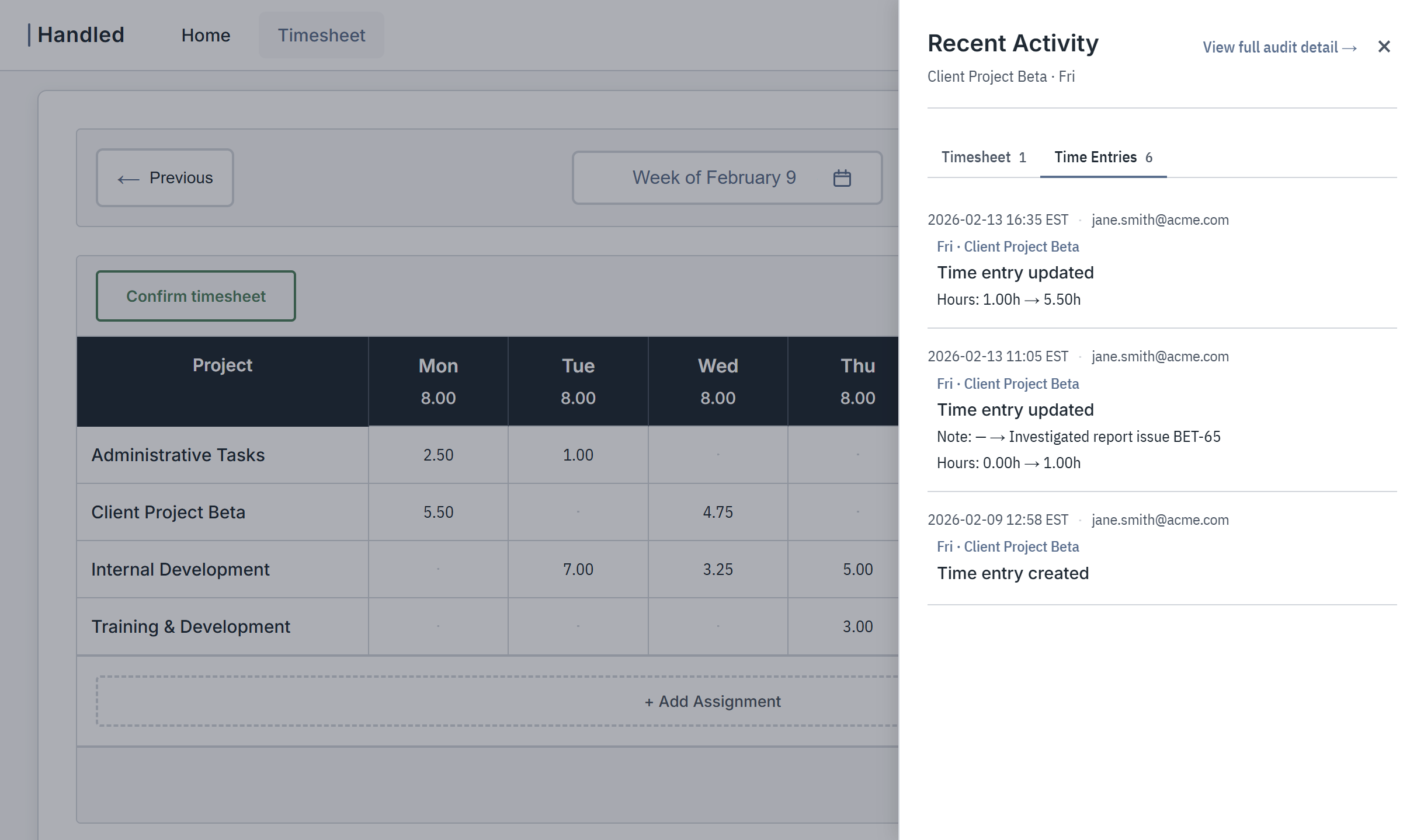 Timesheet with Recent Activity audit history drawer showing timestamped changes.